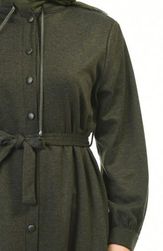 Big Size Buttoned Belted Abaya Khaki 8219-01