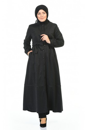 Big Size Buttoned Belted Abaya Black 8219-02