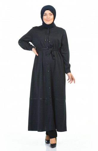 Big Size Buttoned Belted Abaya Navy blue 8219-03
