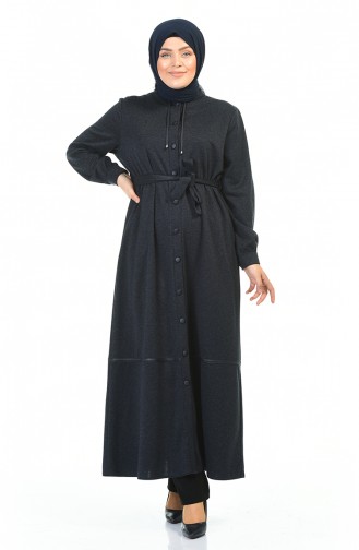 Abaya a Boutons et Ceinture Grande Taille 8219-03 Bleu Marine 8219-03