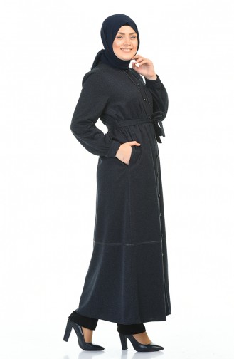 Big Size Buttoned Belted Abaya Navy blue 8219-03