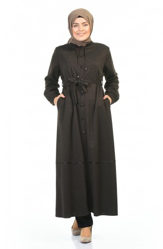 Big Size Buttoned Belted Abaya Brown 8219-05