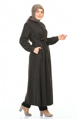 Big Size Buttoned Belted Abaya Brown 8219-05