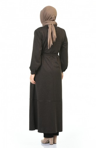 Big Size Buttoned Belted Abaya Brown 8219-05