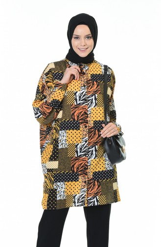 Bat Sleeve Patterned Shirt Mustard Black 0935-01