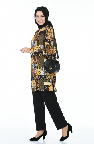 Bat Sleeve Patterned Shirt Mustard Black 0935-01