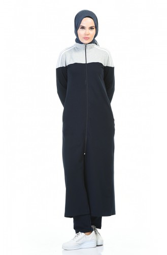 Tracksuit Zippered Long Jacket Set Navy Blue Gray 9117-01