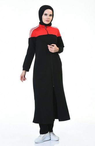 Tracksuit Zippered Long Jacket Set Black red 9117-02