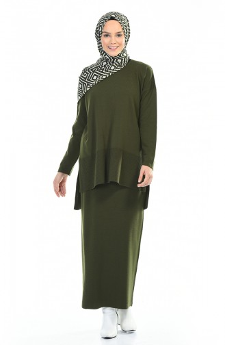 Tricot Blouse Skirt Double Set Khaki 4146-02