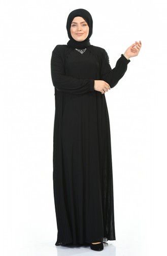 Büyük Beden Kolye Detaylı Piliseli Elbise 6271-02 Siyah