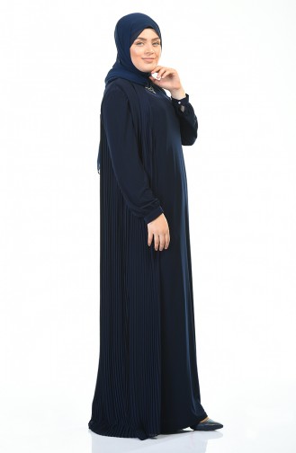 Big Size Necklace Detailed Pleated Dress Navy blue 6271-03