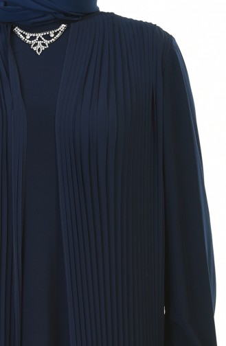 Big Size Necklace Detailed Pleated Dress Navy blue 6271-03