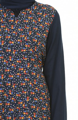 Flower Patterned Dress Navy Blue 0100-02