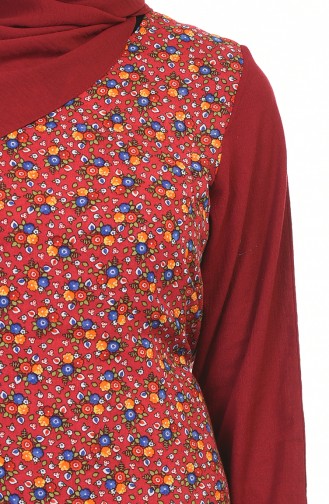 Çiçek Desenli Şile Bezi Elbise 0100-04 Bordo 0100-04