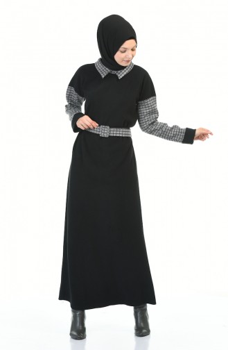 Hemdkragen Kleid mit Gürtel 0333-02 Schwarz 0333-02