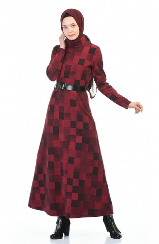 Turtleneck Belted Winter Dress Bordeaux 5488-02