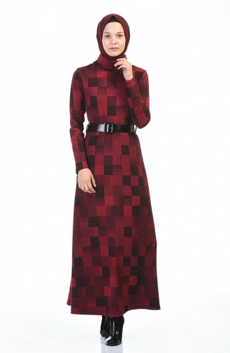 Turtleneck Belted Winter Dress Bordeaux 5488-02