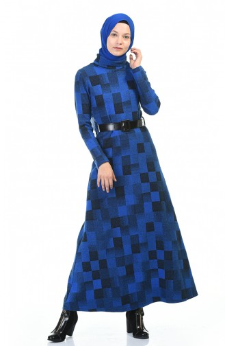 فستان بياقة مدورة شتوي بحزام أزرق 5488-04