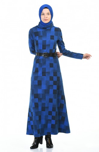 Turtleneck Belted Winter Dress Blue 5488-04