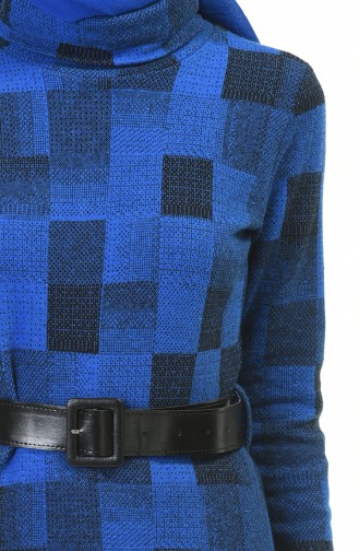 فستان بياقة مدورة شتوي بحزام أزرق 5488-04