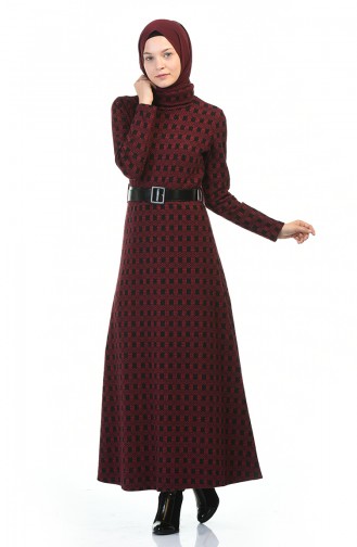 Turtleneck Belted Winter Dress Bordeaux 5488A-02