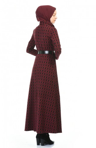 فستان بياقة مدورة شتوي بحزام أحمر كلاريت 5488A-02