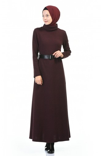 Turtleneck Belted Winter Dress Bordeaux 5488C-01