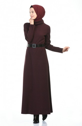 Turtleneck Belted Winter Dress Bordeaux 5488C-01