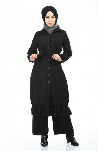 Hemline Frilly Trench Coat Black 1241-02