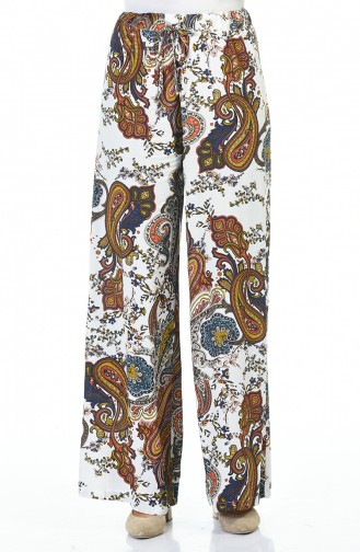 Patterned Wide Trousers White Navy Blue 5010-01