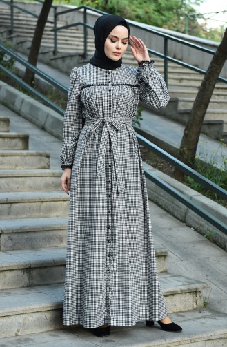 فستان بنقشة كارو مزين بالدانتيل أسود 8023-01