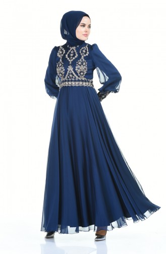 Beaded Embroidered Evening Dress Navy Blue 6166-01