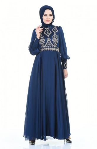 Beaded Embroidered Evening Dress Navy Blue 6166-01