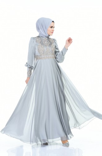 Robe de Soirée Brodée de Perles 6166-02 Gris 6166-02