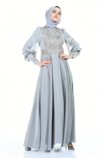 Gray Hijab Evening Dress 6166-02