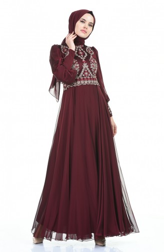 Beaded Embroidered Evening Dress Bordeaux 6166-07