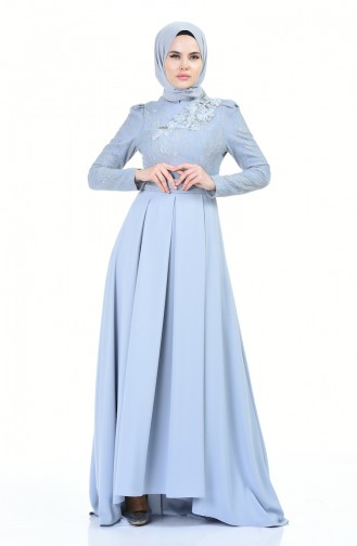 فستان سهرة مزين بالورد أزرق فاتح 7027-02