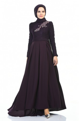 Flower Appliqued Evening Dress Purple 7027-03