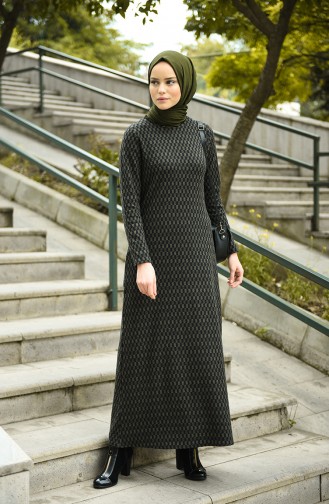 Desenli Kışlık Elbise 8842-03 Haki