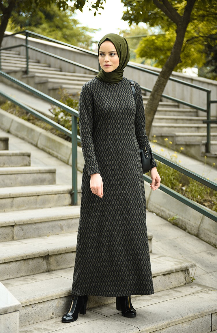 Desenli Kışlık Elbise 8842-03 Haki
