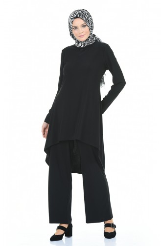 Asymmetrical Tunic Trousers Duo Set Black 3016-01