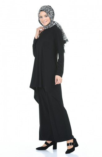 Asimetrik Tunik Pantolon İkili Takım 3016-01 Siyah 3016-01