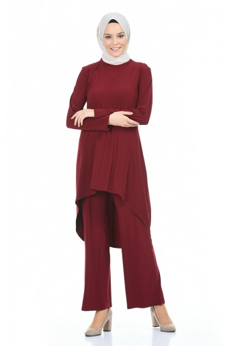 Asimetrik Tunik Pantolon İkili Takım 3016-02 Bordo