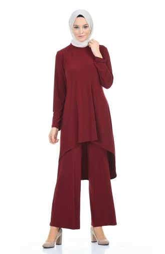 Asimetrik Tunik Pantolon İkili Takım 3016-02 Bordo