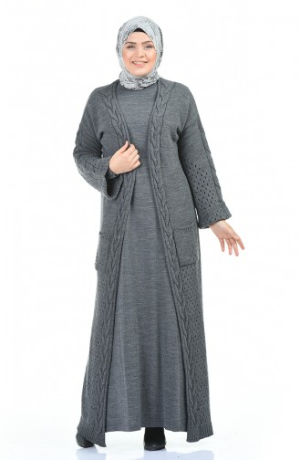 Big Size Tricot Dress Cardigan Double Set Gray 8072-02