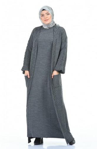 Big Size Tricot Dress Cardigan Double Set Gray 8072-02