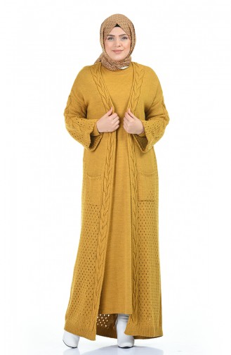 Big Size Tricot Dress Cardigan Double Set Mustard 8072-04