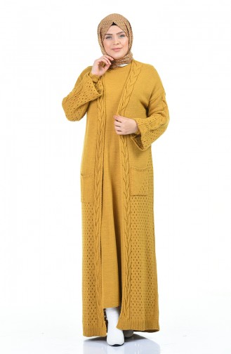 Big Size Tricot Dress Cardigan Double Set Mustard 8072-04