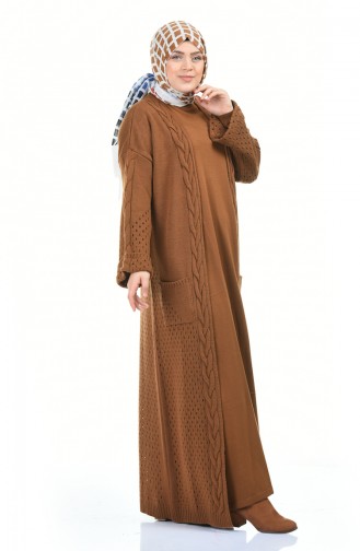 Big Size Tricot Dress Cardigan Double Set Brown 8072-05