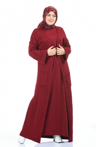 Big Size Tricot Dress Cardigan Double Set Bordeaux 8072-08